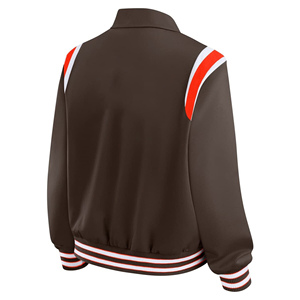 Women Varsity Jacket Brown Orange <b>White</b> Contrast Trim Full Sleeve Turn-down Collar Single Breasted Woven Polyester Autumn Wear - Product Image 2