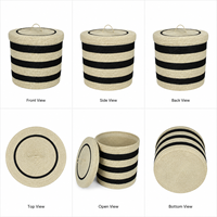 Panier de rangement rayé en fibre naturelle de jonc de mer avec couvercle et poignées pour l'organisation du linge, style nordique moderne, écologique pour la maison