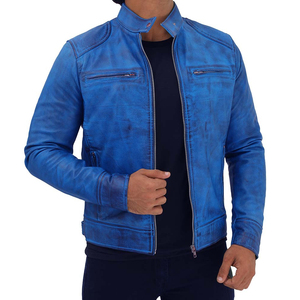 Chaqueta de Motociclista de Cuero Vacuno Azul para Hombre, Cuello Alto, Cierre de Cremallera, Manga Regular, Estilo Biker Otoñal, Color Sólido, Cuero Lavado - Product Image 3