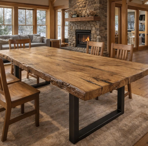 Mesa de comedor de madera de acacia maciza de primera calidad con patas de metal resistentes, muebles de madera con borde natural para el hogar moderno, restaurante, casa de campo. - Product Image 1