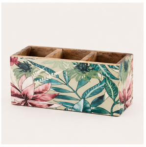 Handcrafted Mango Wood Cutlery Holder With 3 Compartments Floral <b>Printed</b> Wooden Spoon Stand For Kitchen & Dining Table Organizer - Product Image 1