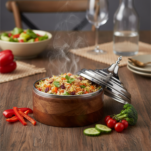 Casserole de service en bois d'acacia de luxe avec couvercle en acier inoxydable |   Réchaud alimentaire pour hotpot avec base en bois artisanale, vaisselle de designer - Product Image 4