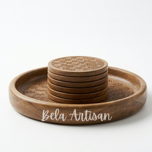 Bandeja Redonda de Madera de Neem Hecha a Mano, Resistente, con Posavasos y Soporte, Grabado Geométrico, Biodegradable, para Servir Bebidas en Fiestas - Product Image 3