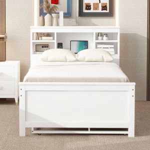 Letto a piattaforma singolo bianco con testiera contenitore, ricarica USB, letto estraibile e 3 cassetti - Product Image 3