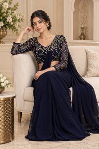 NOUVEAU SAREE DE FÊTE POUR FEMMES EN FAUSSE GEORGETTE, CONCEPTION EXCLUSIVE, HAUTE QUALITÉ, FABRIQUÉ AU GUJARAT, INDIE, CREATION HEXIA, POUR LA FÊTE DE DIWALI, AVEC DÉTAILS À CORDONNAGES - Product Image 2