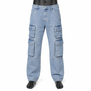 Jeans cargo en denim bleu clair légers et décontractés, sur mesure, de haute qualité, multi-poches, style streetwear pour hommes - Product Image 4