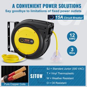 Avvolgicavo Elettrico Retrattile Rinforzato da 65 Piedi, Cavo di Alimentazione 12AWG/3C SJTOW con Presa Tripla Illuminata da 15 Ampere - Product Image 4
