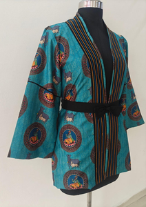 Kimono Estampado para Mujer al por Mayor, Chaqueta Boho Azul Turquesa con Mangas Acampanadas y Cintura Ajustable, Seda Tussar Estampada Teal - Product Image 2