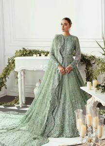 Premium Pakistani Bridle Dress Mint Green Sage Pastel Floor Length Bridal Maxi Gown With Delicate Floral Threadwork Sequin - Product Image 2