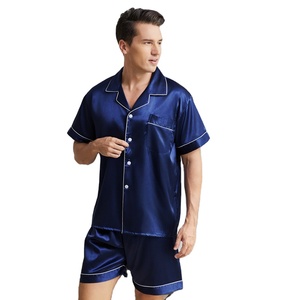 Ensemble de pyjama décontracté pour homme en satin rose tricoté à manches courtes, chemise et short de couleur unie, vêtements de nuit d'été avec poches - Product Image 4