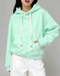 Women's Light Blue Eco-Friendly Fleece Hooded Sweatshirt Solid Color Polyester/Cotton Blend Knitted Casual Pullover Front Pocket - Product Image 3