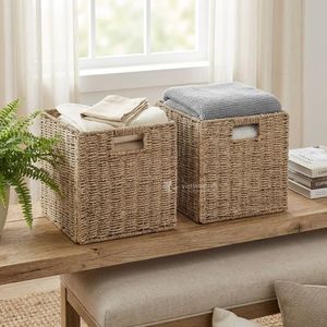 Vintage Collapsible Foldable Woven Seagrass <b>Cube</b> Storage <b>Basket</b> Set with Integrated Handles Multi-Purpose Organization - Product Image 5
