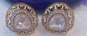 White Polki Stone Gold Plated <b>Silver</b> <b>Stud</b> <b>Earrings</b> for Indian Wedding Ethnic Party Gift Oval Shape Women's Jewelry - Product Image 3