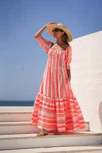 Robe longue en coton jacquard pour femmes, style bohème, col en V, manches cloche, fabrication artisanale - Product Image 3