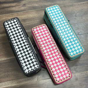 Luxury Pink Checkered Tooled Cowhide Leather Curling & <b>Straightener</b> Iron Holder Travel Friendly Heat Safe <b>Hair</b> Styling Organizer - Product Image 5