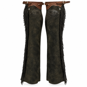 Premium Quality Modern Western Leather Full Chaps <b>Men</b> Fringe Riding Pants | Cowboy Equestrian Leg Protection Belt Buckle Set - Product Image 1