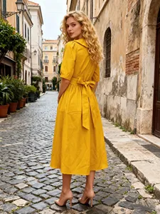 Robe midi en coton style bohème chic jaune moutarde avec manches courtes bouffantes et col classique, idéale pour l'été - Product Image 4