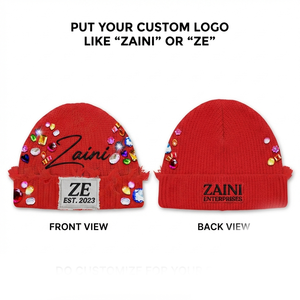 ZAINI Premium Red Rib Knit Acrylic Beanie 200 GSM with Gem Detail Winter <b>Hat</b> - Product Image 1