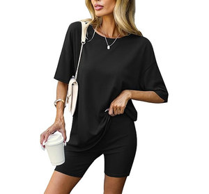 Women Tie Dye Striped 2 Piece Shorts Set O Neck Short Sleeve Loose Fit Casual Spring Summer Knitted Breathable Spandex Polyester - Product Image 2