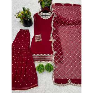 Conjunto de Traje de Mujer SRK Color Granate con Top, Pantalones Palazzo y Dupatta, Bordado Artístico, Diseño Elegante y Aspecto de Bordado Intenso, Talla L - Product Image 4