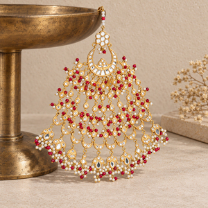 Jhumar nupcial estilo Kundan chapado en oro con cuentas rojas y perlas de imitación, joyería para el cabello pakistaní, suministro al por mayor de fábrica - Product Image 2