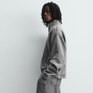 Men's Women's Oversized Half Zip Sweatshirt <b>Mock</b> <b>Neck</b> Plain Cotton Casual Streetwear <b>Top</b> Acid Wash - Product Image 3