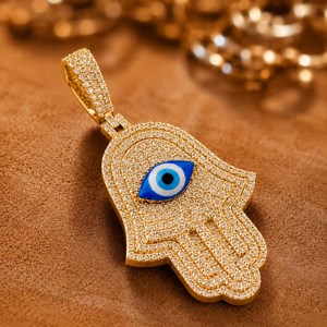 Collier Pendentif Main de Hamsa et Œil Turc en Métal Argenté et Moissanite, Luxe, Sertissage Pavé, Bijoux de Mode Unisexe - Product Image 5