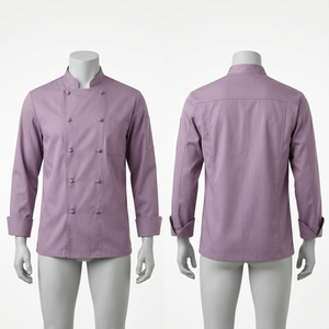 เสื้อเชฟผู้ชาย 240 GSM ผ้าคอตตอนโพลีเอสเตอร์ทวิลล์พรีเมียม สีม่วง กระดุมสองแถว ปักลายตามสั่ง พิมพ์ลาย ป้ายทอ - Product Image 3