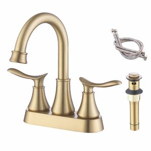 4 Inch Brushed Gold Bathroom Vanity Sink Faucets 2 Handle Basin Faucets with Pop up Drain and Supply Hoses - Product Image 1