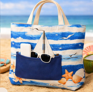 Sac de plage en toile rayée avec logo personnalisé, imprimé voilier et poche avant, grande taille, avec poignée épaule, sac de shopping - Product Image 5