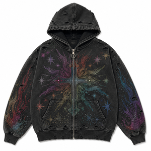 Sudadera con capucha para hombre, de corte holgado y extragrande, con cremallera, de mezclilla con pedrería personalizada, estilo streetwear, desgastada, de peso pesado 450 GSM - Product Image 1