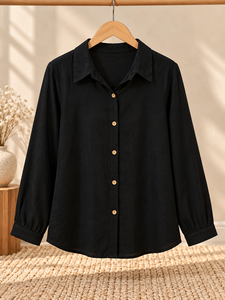 Chemise pour femme en rayonne noire unie à col ouvert, manches longues, coupe classique, décontractée et pour le bureau, tissu léger et respirant - Product Image 3