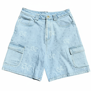 Shorts de mezclilla casuales con pedrería, de cintura baja y corte recto, para hombre y mujer, de moda y gran venta. - Product Image 5