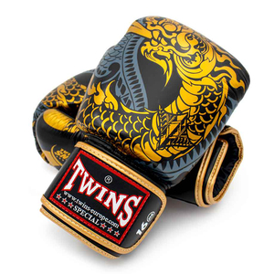 Professional Gold Gery Twins Boxing Gloves Original Black Cowhide Leather Hook Loop Adjustable Wrist <b>Strap</b> Twins Fighting Gloves - Product Image 5