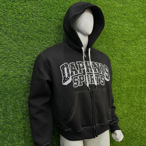 Sudadera con capucha transpirable para hombre al por mayor, último estilo, color negro, estampado frontal, streetwear, con cremallera y costuras en contraste blancas - Product Image 6