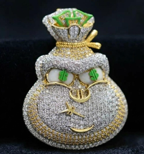 Colgante de moissanita chapado en oro con diseño de bolsa de dinero, corte brillante redondo, microincrustaciones, amuleto temático, joyería unisex - Product Image 4