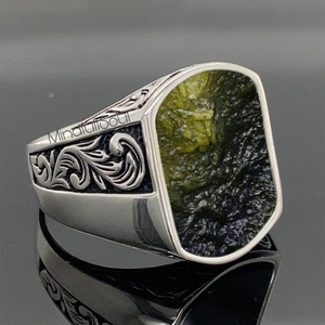 Elegant Genuine Moldavite <b>Ring</b> for Men | Raw Crystal in Sterling <b>Silver</b> | Certified Boho <b>Statement</b> Jewelry Unique Gift | 2026 - Product Image 1