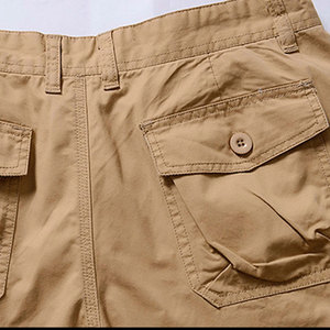 Men's Khaki Cargo Shorts Mid Waist Button Fly Solid Color Casual Bermuda Style With Multiple Pockets Canvas Fabric - Product Image 4