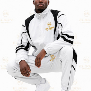 Ensemble de survêtement sportif pour homme, blanc et noir, avec blocs de couleur, fermeture éclair intégrale, léger, en polyester, deux pièces avec poches latérales - Product Image 5