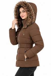 Abrigo Acolchado de Poliéster Transpirable para Mujer, Color Marrón, con Capucha de Piel, Cinturón y Cierre de Cremallera, Parka de Invierno - Product Image 4