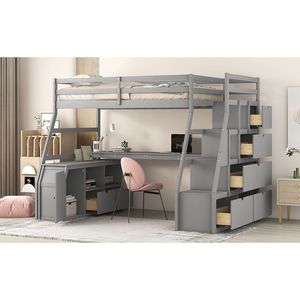 Letto a soppalco matrimoniale con 7 cassetti, 2 ripiani e scrivania in grigio per bambini - Product Image 4