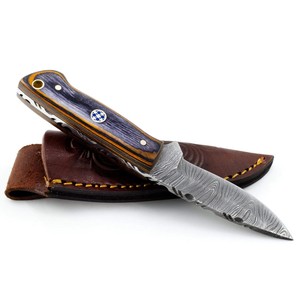 Couteau de chasse et de camping artisanal en acier Damas, manche en bois, étui en cuir véritable, lame fixe, survie en plein air - Product Image 1