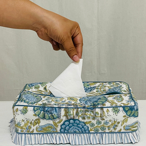 Housse de boîte à mouchoirs rectangulaire en coton bleu et vert à volants, faite à la main par Ridhi, en tissu imprimé au bloc, porte-serviettes, décoration d'intérieur, cadeau pour chambre à coucher - Product Image 6