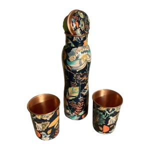 Juego de Regalo de Botella de Cobre con Impresión Personalizada, Diseño Botánico, Botella de Agua con Vasos para Beber, para Hogar y Hotel - Product Image 1