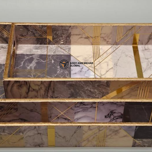 ชุดถาดเสิร์ฟเคลือบสีม่วงลายเรขาคณิต ปลอดภัยสำหรับอาหาร จำนวน 3 ชิ้น ถาดซ้อนกันได้ ทำจาก MDF และกระดาษ ดีไซน์ทันสมัย หรูหรา สำหรับห้องครัว ห้องรับประทานอาหาร และตกแต่งบ้าน - Product Image 6