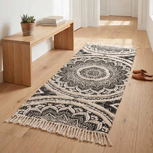 Flat Weave Boho Cotton Hallway Rug With Geometric Pattern & Tassels For Home Use Minimal Tufted Boho Entry Door Rugs - Product Image 5