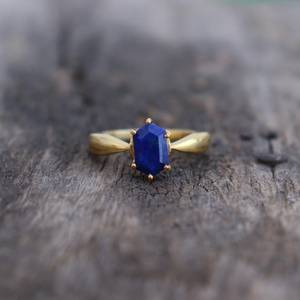 Natural Lapis Lazuli Signet <b>Ring</b> Hexagon Cut 925 Sterling Silver 14K Gold Plated Engagement <b>Statement</b> <b>Ring</b> - Product Image 1