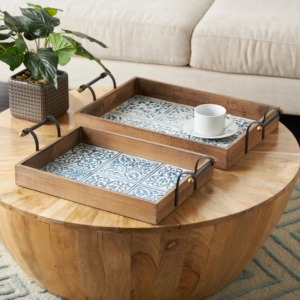 Rectangular Wood Storage <b>Tray</b> With Blue Moroccan Tile Design Distressed Finish Metal Handles For Table Use 2 Pack - Product Image 2