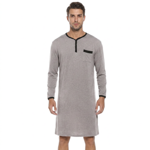 Chemise de nuit en tricot à manches longues et col en V pour homme, couleur gris, avec poche, 100% coton, vêtements décontractés pour la maison, toutes saisons, écologiques - Product Image 5