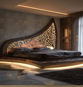 Cama con dosel moderna de madera curvada con texturas de vetas e iluminación ambiental. Disponible a precios de mayorista. Pieza única y distintiva. - Product Image 5